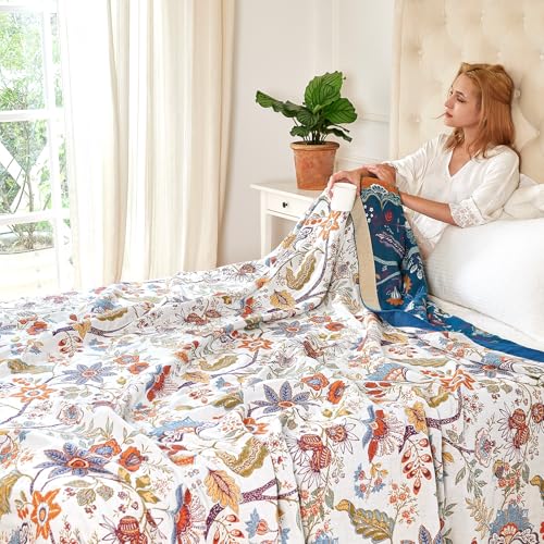 VANJOROY Boho Throw Blanket, 100% Organic Cotton Breathable Skin-Friendly Ultra Soft Bed Quilt Throw - All Season Floral Farmhouse Décor Luxury Blanket for Sofa Couch Chair and Gift. 50" x 60" - color: Boho Flower C, size: Throw (50" X 60")