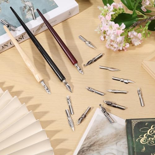 beinkmake 20Pcs Comic Pen Nib Set 17 Styles Stainless Steel Dip Pen Nib Replacement 3 Colors Wooden Pen Holder for Writing Drawing Signing