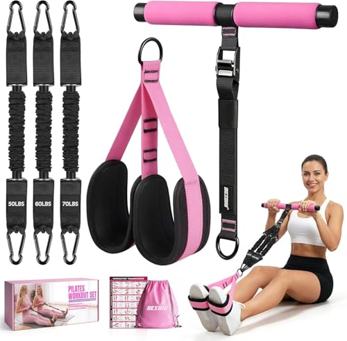 Adjustable Length Pedal Resistance Band with Handle for Working Out, Replaceable 180Lbs Exercise Bands with Foot Pedals, Home Gym Workout Equipment for Women Men Strength Training, Stretching - color: pink