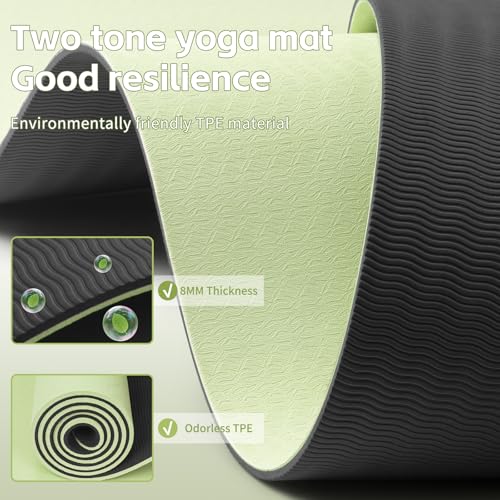 PAIDU Yoga Mat 8mm TPE Non‑Slip Fitness Mat with Strap for Home Workouts - color: 그린&블랙.