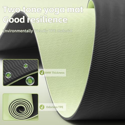 PAIDU Yoga Mat 8mm TPE Non‑Slip Fitness Mat with Strap for Home Workouts - color: 그린&블랙.
