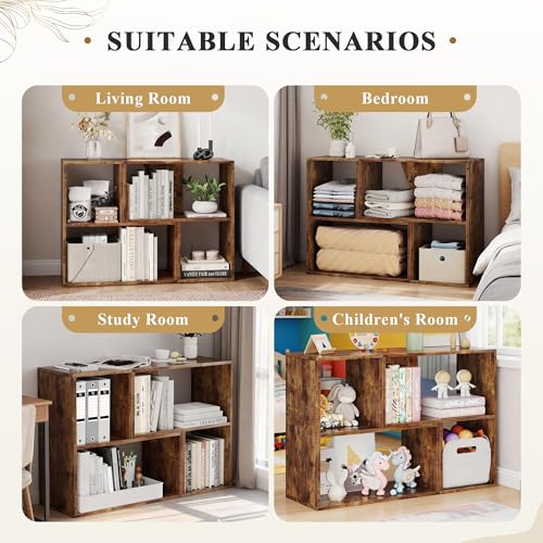 MapleGrace 6 Cube Storage Organizer, Wooden Storage Shelves Bookcase with Back Panels, Stackable Display Bookshelf for Living Room, Bedroom, Study, Hallway, Rustic Brown