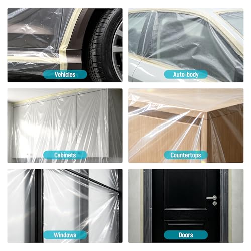 Lichamp Plastic Cover for Painting, Pre-Taped Masking Film, 22 inch x 88 feet x 3 Rolls (264 feet Total), Painters Plastic with Tape, Advanced Masking Tape Film