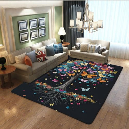 Living Room Rugs Butterfly Tree Carpet, Low Pile mat, Rubber Backing, Washable Non-Slip Large Rug for Dining Room Bedroom, Black 2'x3' - color: Butterfly 4, size: 2'x3'