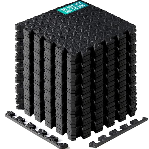 Yes4All Interlocking Exercise Foam Mats with Border – Interlocking Floor Mats for Gym Equipment – Eva Interlocking Floor Tiles - 36 Square Feet (36 Tiles) - Black - color: Black, style: 7/16" Thickness, 32 SQFT