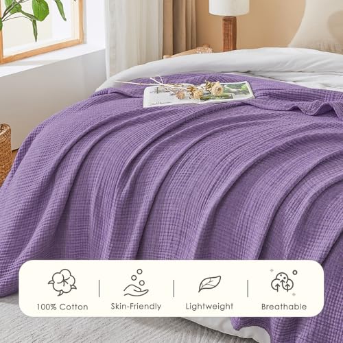 EMME Cotton Muslin Large Throw Blanket Couch Breathable Gauze Soft Lightweight Bed Blankets Adults (Heather Purple, 50"x70") | 4-Ply Two-Tone Yarn - Soft Throw Blanket for Adults, Breathable and Prewashed, for Sofa and Bed All Year Round - color: 14 - Pur