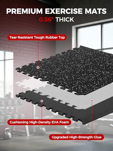 0.56" Rubber Top Gym Flooring, 12 Tiles 48 Sq Ft Heavy Duty Interlocking Gym Mats for Home Gym, Non-Slip High Density EVA Foam Workout Mat, Protect Floors from Weights, 24x24in, Black/White - color: Black/White, size: 12 Tiles (48 Sq Ft)