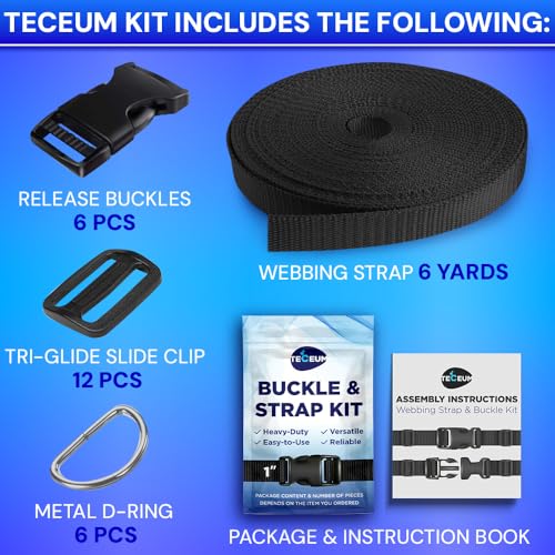 TECEUM 1" Nylon Strap Kit with Buckles, Black 6 yards Repair Set | Heavy duty hardware kit: 6yd webbing, 6 quick release buckles, 12 tri-glide slide clips, 6 metal D-rings for crafting. - color: Black, size: 1" - 6 yards, style: 6 Buckle - 12 Slides - 6 D