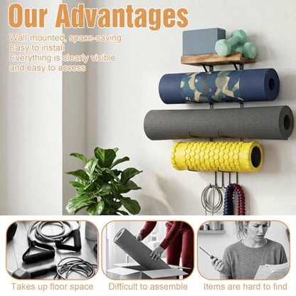 Yoga Mat Holder Wall Mount, Yoga Mat Organizer Storage Home Gym Accessories with Wood Floating Shelves for Storing Fitness, Yoga Mat Rack with 4 Hooks for Hanging Foam Roller and Resistance Bands