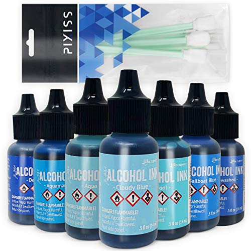 Tim Holtz Alcohol Inks - Shades of Blue - Denim, Stonewashed, Aquamarine, Pool, Cloudy Blue - 7 Ink Set - 10 Blending Tools - color: Blue
