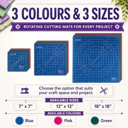 The Quilted Bear 7" x 7" Rotating Self-Healing Cutting Mat, Blue | Square Mat, 360° Rotation, Locking Mechanism, 5-Layer Surface, Non-Slip Base, Clear Inch Grid & Angle Guides for Quilting - color: Blue, size: 7"L x 7"W