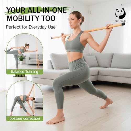 Slim Panda 5FT Yoga Stick - Natural Bamboo Stretching Stick with Non-Slip Caps - 1.57" Thick Exercise Balance Pole for Posture Correction & Physical Therapy