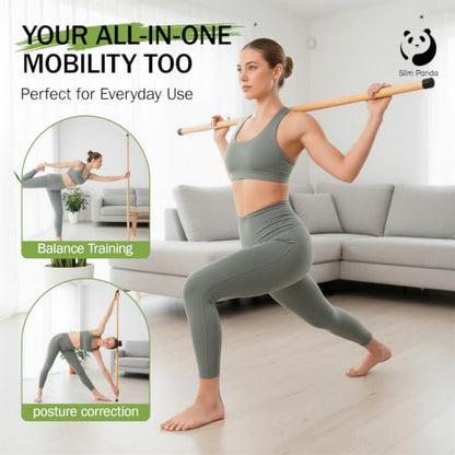 Slim Panda 5FT Yoga Stick - Natural Bamboo Stretching Stick with Non-Slip Caps - 1.57" Thick Exercise Balance Pole for Posture Correction & Physical Therapy