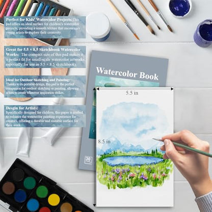 Fuxi Small Watercolor Sketchbook, 2-Pack - 5.5" x 8.5" | 140lb/300gsm Cold Press Watercolor Paper, 30 Sheets Per Pad. - color: Mist Blue