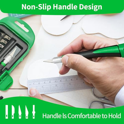 Precision Craft Knife Set with 15 Replacement Blades - Ergonomic Non-Slip Handle Hobby and Exacto Knife Set with Protective Cover for Art, Scrapbooking, Architecture Modeling, Stenciling (Green) - color: Green