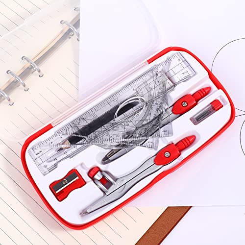 Vobou Math Geometry Sets 10 Pcs, Student Supplies Kit, Compass Set (Red | Shatterproof Storage Box,Includes Rulers,Protractor,Compass,Eraser,Pencil Sharpener,Lead Refills,Pencil, for Drafting - color: Red