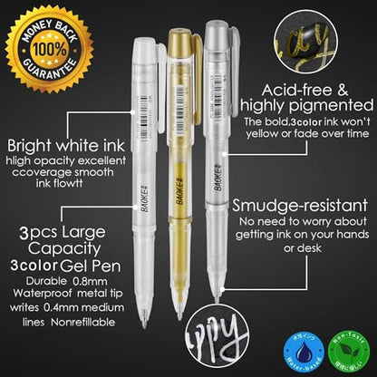 Qionew 3 Colors Gel Pen Set-Gold Silver and White Gel Pens,1mm Gel Ink Pen | 3 Pack, Fine Point White Gel Pens, Opaque Archival Ink Pens, Art Highlight, Black Paper Drawing, Illustration, Card Making - size: 1 Count (Pack of 3), style: White, Gold and Sil