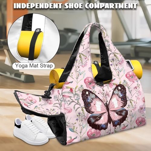 Yoga Mat Bag for Men Women Canvas Yoga Mat Carrier Take In Out Mat Easily for Beach Swim Bags Pool Sports Gym - color: Butterfly pink