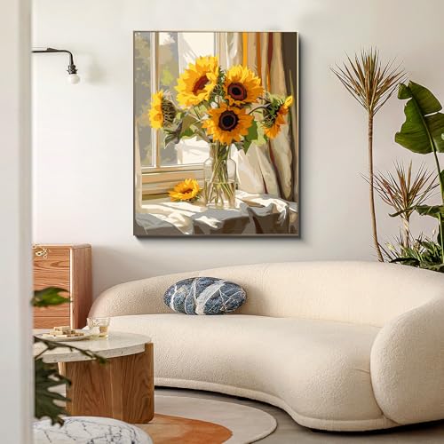 PRASIO Paint by Numbers Kit for Adults Flowers Sunflower Easy Adult Paint by Number Kits DIY Acrylic Watercolor Oil Paint by Number for Adults Beginner for Home Decor Gift 16x20 Inch - color: XM-OP-WindowsillSunflowers-4050