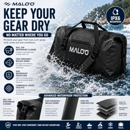 Malo’o Waterproof Dry Duffel, Heavy-Duty Roll Top Waterproof Gear Bag with Shoulder Strap & Molle Loops, Marine Duffel for Kayaking, Boating, Camping, Beach & Travel, Grey, 60L - color: Grey, size: 60L