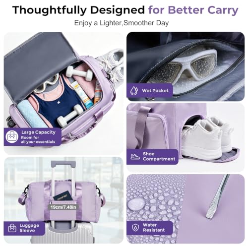 FIORETTO Women's Gym Duffle Bag with Shoes Compartment, 30L Capacity, Ideal for Travel, Gym, Sports, Duffel, Weekender - color: Lavender, style: Gym Bag