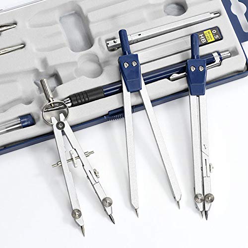 UNJOO 9Pc Geometry Set Metal Compass, Geometry Precision Tool (Blue) | Circle Drawing Tool and Architecture, Drafting Kits for Engineer with Shatterproof Storage Box