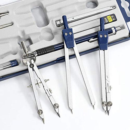 UNJOO 9Pc Geometry Set Metal Compass, Geometry Precision Tool (Blue) | Circle Drawing Tool and Architecture, Drafting Kits for Engineer with Shatterproof Storage Box