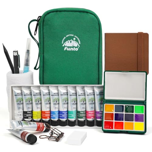 Funto Travel Watercolor Paint Set, Oversized 12-Grid Empty Pan & Ample Blending Space with 12 Refillable Tubes，Mini Watercolor Travel Set with Water Brush & Sketchbook, Crossbody Bag for Beginners, Plein Air & Gifts - color: Green