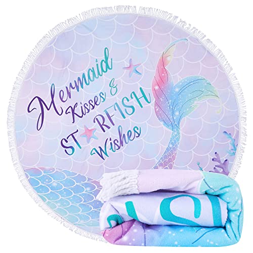 LIVILAN Oversized Round Mermaid Beach Towel, Lightweight Microfiber Super Absorbent and Sand Proof Beach Towel, 59”Soft Thin Meditation Mat Tapestry with Tassels for Women Girls - color: Circle Mermaid Beach Towel