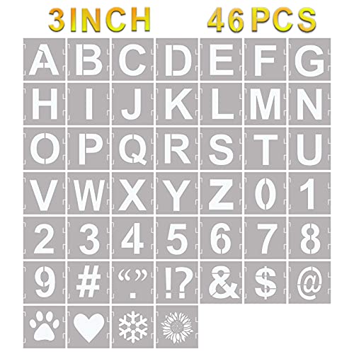YEAJON 46 Pcs Letter Stencils Symbol Numbers Craft Stencils, Reusable Alphabet Templates Interlocking Stencil Kit for Painting on Wood, Wall, Fabric, Rock, Chalkboard, Sign, DIY Art Projects (3 Inch) - size: 3 INCH