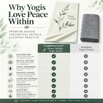COREMOTION Non-Slip Hot Yoga Mat Towel 24" x 72", Waffle Microfiber, Super Absorbent, Quick-Dry, Silicone Grip Dots for Yoga, Pilates, Bikram, Gym, Travel, (Peace Within)