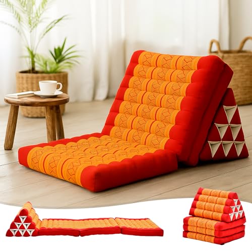 Leewadee 3-Fold Mat with Triangle Cushion – Comfortable TV Pillow, Foldable Mattress with Cushion Made of Eco-Friendly Kapok, 67 x 21 inches, Orange red | Floor & lounge cushion for relaxing, reading & TV - for meditation & yoga, firm & stable - color: Sf