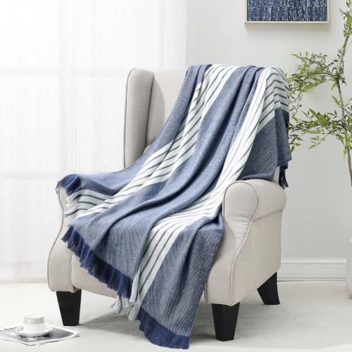 BOURINA Throw Blanket Boho Striped Fringe Throw, Lightweight Woven Tassel Decorative Blanket for Couch Sofa Bed, Farmhouse Accent Blanket for Living Room Bedroom，Blue 50x60 inches - color: Stripes-blue