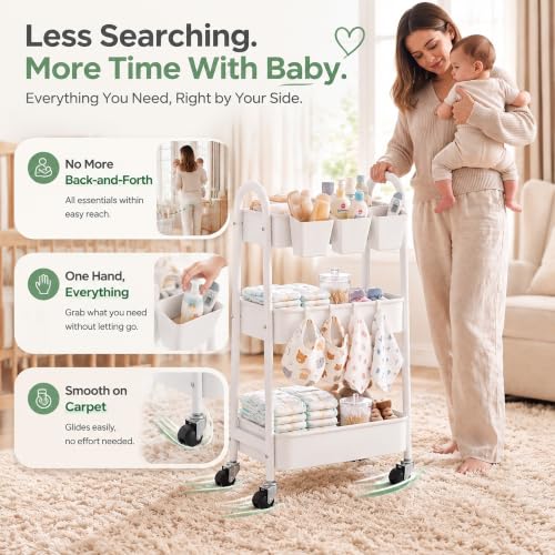 Heavy Duty 3 Tier Rolling Cart Metal with Wheels, White Three Tiered Shelf | Utility Roller Storage Carts Organizer on Wheels for Art, Craft,Baby Nursery, Diaper Caddy,Postpartum,Bedside,Cleaning Supply - color: Pure White