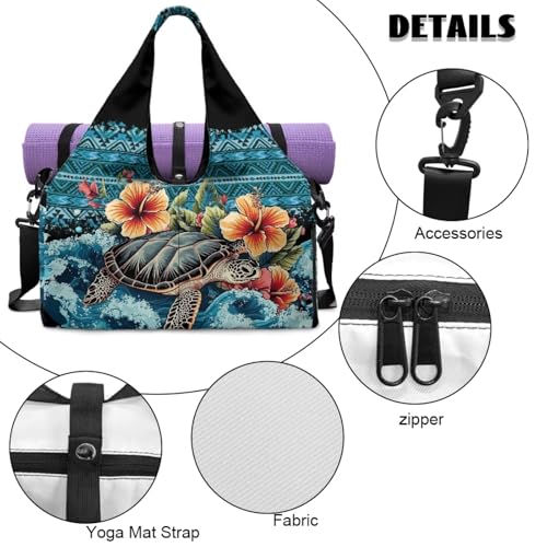 Gym Bag with Yoga Mat Holder Large Tote Bag With Multi Pockets for Women Men Dry Wet Separated Pocket Carryall Yoga Tote Bag for Pilates Travel Workout Office - color: Sea Turtle& flower