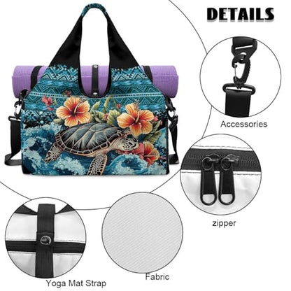 Gym Bag with Yoga Mat Holder Large Tote Bag With Multi Pockets for Women Men Dry Wet Separated Pocket Carryall Yoga Tote Bag for Pilates Travel Workout Office - color: Sea Turtle& flower