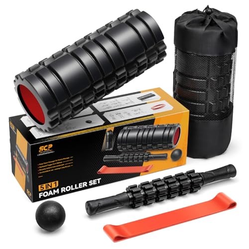 SUBCULTUREPICK 5 in1 Foam Roller Set, Trigger Point Foam Roller Deep Tissue | Massage Roller Stick, Massage Ball, Resistance Band for Physical Therapy, Pilates Yoga,Fitness Exercise for Whole Body Black - color: Black-red