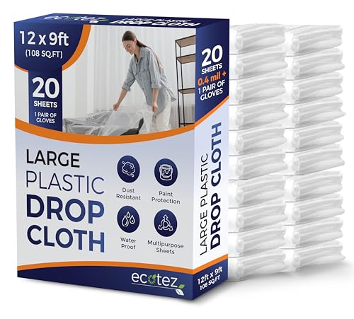 20 Pack 12 x 9 ft Extra Large Plastic Drop Cloth for Painting | Light & Durable Tarp Cover for Furniture Plastic Clear Tarp Waterproof - Paint Floor Covering - Painters Drop Cloth Sheeting - size: 20 Pack