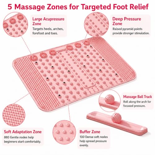Soft TPR Extra Large Acupressure Foot Massage Mat With Removable Ball | 12 Magnets, Silicone-Like TPR, 24.4" x 15.7" Roll-Up Under Desk Foot Massager For Plantar Fasciitis And Foot Pain Relief - color: Pink