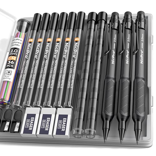 Nicpro 2.0 mm Mechanical Pencil Set, 3PCS Artist Lead Pencil Holder 2mm with 72PCS Lead Refills (4H 2H HB 2B 4B 6B Color) Eraser, Weatherproof Barrel for Outdoor Writing Drafting Drawing Sketching - style: 2.0mm(3 Pcs)