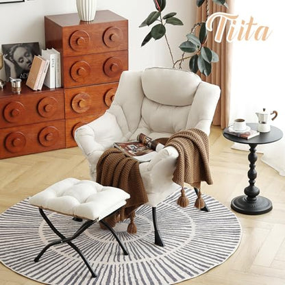 Tiita Lazy Chair with Ottoman, Comfy Reading Accent Chair, Beige | Foldable Footrest, Padded Seat and Backrest, Side Pocket for Lounging in Living Rooms, Bedrooms, Dorms and Small Spaces - color: Peach Skin Beige