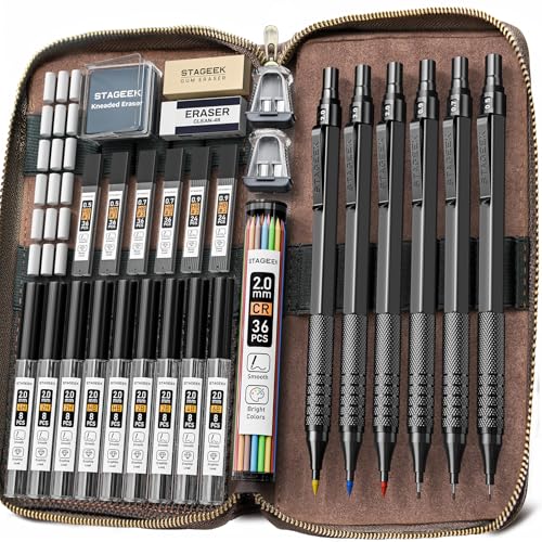 STAGEEK 30Pcs Black Metal Mechanical Pencil Set with Leather Case | 6PCS Art Drafting Pencils, 0.5, 0.7, 0.9, 2.0MM Mechanical Drawing Pencils with 300PCS(6B/4B/2B/HB/2H/4H/Colors)Lead Refills - color: Black, style: 0.5 0.7 0.9 2.0