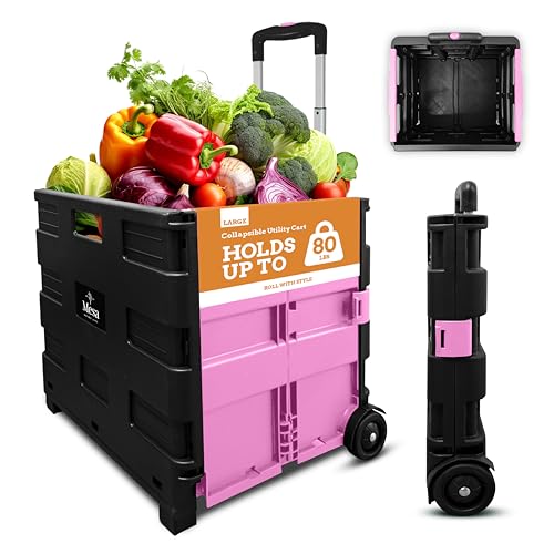 Inspired Living Ultra-Slim Rolling Collapsible Storage Pack-N-Roll Utility-carts, with Telescopic Handle, for Home, Garden, Shopping, Office, School use, Large, Pink & Black - color: Pink, size: Large/ No Lid
