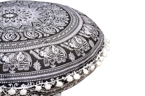 CRAFT KALA 32" Large Round Bohemian Floor Pillow Cover Boho Pouf Cover Mandala Meditation Room Pillows Cover Adults Seating Poufs Cushion Cover for Kids Reading Playroom Black Elephant Flower - color: Black and White Elephant