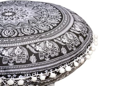 CRAFT KALA 32" Large Round Bohemian Floor Pillow Cover Boho Pouf Cover Mandala Meditation Room Pillows Cover Adults Seating Poufs Cushion Cover for Kids Reading Playroom Black Elephant Flower - color: Black and White Elephant