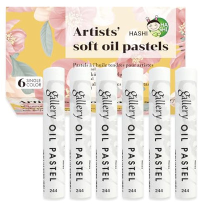 HA SHI Artists' Oil Pastels, White, 6 Sticks, Creamy & Blendable | Layer over darker shades to lift tones, add catchlights and soft mist effects, or fill light areas on toned or black paper. - color: Oil Pastels White-6sticks