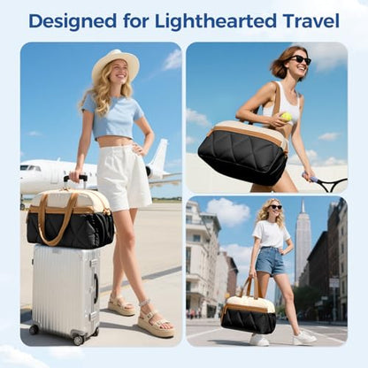 Women's Duffle Gym Bag, Carry-On Shoe Compartment for Weekender Overnight - color: Beige & Brown, size: Large