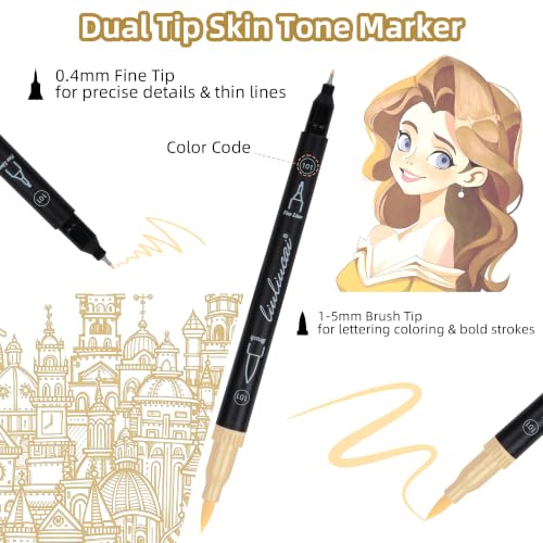 LIULIUCAI 10 Skin Tone Dual Marker, Fine & Brush Tip Pens for Coloring | Skin Color Markers, Flesh Tone Pen for Realistic Portraits, Character Design, Animals Sketching, Hair Outlining, Manga - color: 10 Skin