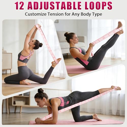 KUZARO Fitness Resistance Bands with 12 Loops, Numbered Resistance Bands for Physical Therapy, Women Stretch Strap for Home Gym, Elastic Exercise Bands for Yoga, Pilates, Leg Stretching, Dance