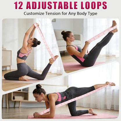 KUZARO Fitness Resistance Bands with 12 Loops, Numbered Resistance Bands for Physical Therapy, Women Stretch Strap for Home Gym, Elastic Exercise Bands for Yoga, Pilates, Leg Stretching, Dance